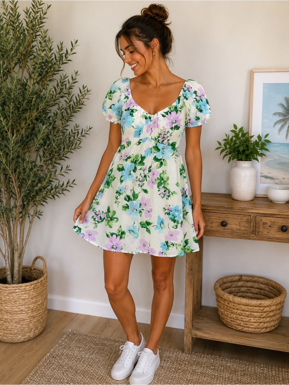 Old Navy Pastel Green Floral Puff-Sleeve Mini Dress